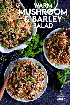 three white bowls filled with mushroom and barley salad on top of a blue tablecloth