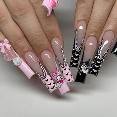 ₊˚ෆ Follow me for more 𐙚 visit my boards ₊˚ෆ Kuromi Nail Art, My Melody X Kuromi, Confetti Nails, Halloween Acrylic Nails, Long Acrylic Nail Designs, Hard Nails, Valentine Nails