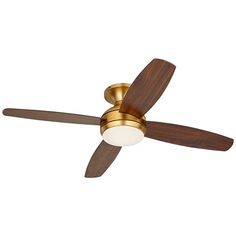 a ceiling fan with a wooden blade and light on the blades, against a white background