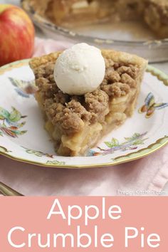 an apple crumble pie on a plate with a scoop of ice cream on top