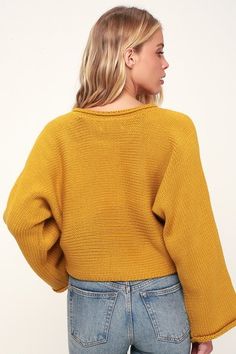 BB Talk Mustard Yellow Cropped Knit Sweater Sweaters For Women Knit, Women Fall Outfits, Basic Clothing, Trendy Cardigans, Cutout Sweater, Cozy Fall Outfits, Oversized Turtleneck Sweater, Puff Sleeve Sweater, Cropped Knit Sweater