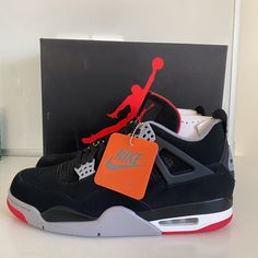 Nike Air Jordan 4 Retro Black/ Fire Red Cement Grey Size: 11 Brand New With Box Black And Red Jordans 4s, Red And Black Jordan 4, Air Jordan 4 Retro Black, Red Black Air Jordan, Red High-top Air Jordan 4 With Cushioned Footbed, Red And Black Retro Jordans, Nike Air Jordan 4 Retro, Jordan 4 Black, Nike Air Jordan 4