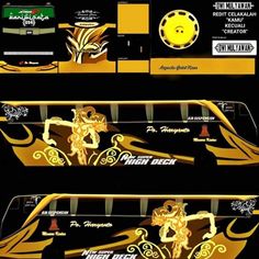 the front and back side of a bus with gold foil on it's decals