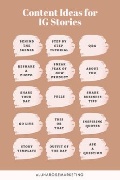 an info sheet with the words content ideas for ig stories