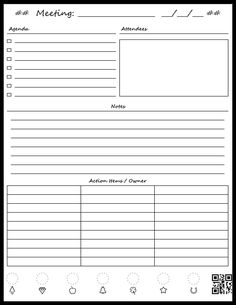 a black and white photo of a meeting planner with notes on the front, two lines in