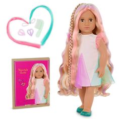 a doll with long blonde hair and braids in front of a heart shaped box