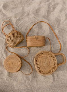 Collection of Tenganan Basket Bags. - Saffron and Poe Basket Handbag, Basket Purse, Handwoven Throw, Elevated Casual, Bohemian Bags, Concentric Circles, Woven Handbags, Straw Handbags, Bags Handmade