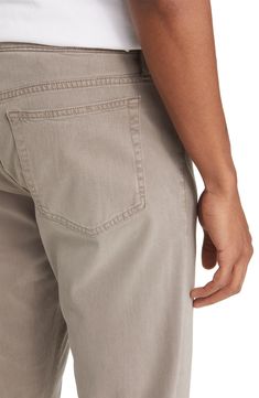 A sharp balance of casual and elevated, these slim-tailored pants keep you comfy in superstretchy brushed twill sourced from breathable, sustainable fibers. 32" inseam; 13" leg opening; 9" front rise; 13 1/2" back rise (size 29) Zip fly with button closure Five-pocket style 74% lyocell, 17% modal, 7% elasterell-p, 2% elastane Machine wash, dry flat Imported Stone Grey, Twill Pants, Tailored Pants, Nordstrom, Slim Fit, Stone, Grey, Frame, Pants