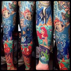 this is an image of some tattoos on someone's arm and leg, with the little mermaid