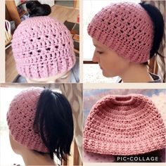 three pictures of a woman wearing a pink crochet hat