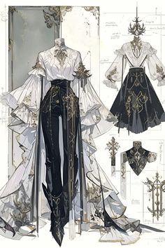 an image of a costume design for a woman in black and white with gold accents