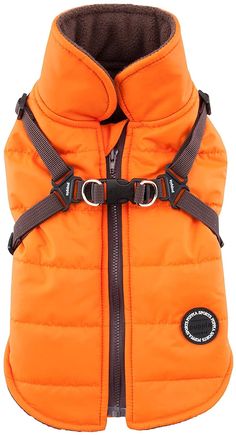 an orange dog jacket with a hood and harness on the front, it's collar is