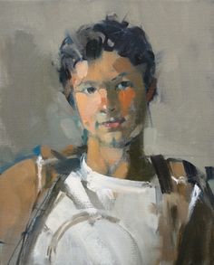 an oil painting of a boy in white shirt