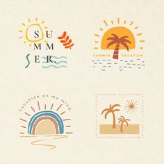 four different logos with palm trees and the words summer written on them are shown here