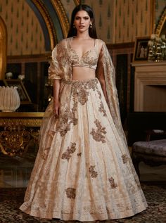 Dolly J-Gold & Beige Omaa Lehenga Set-INDIASPOPUP.COM Gown With Jacket Indian, Long Choli Lehenga, Net Gown, Chikankari Lehenga, Indian Reception, Golden Gown, Gown With Jacket, Net Lehenga, Designer Anarkali