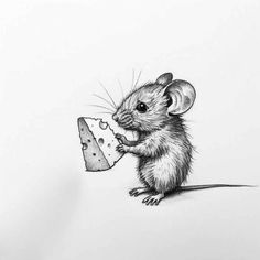 a drawing of a mouse holding a piece of cheese