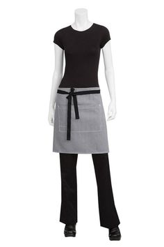 a mannequin wearing an apron and black shirt with grey stripes on the front