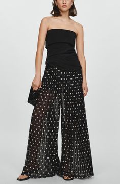 MANGO Adela Polka Dot Pleated Chiffon Palazzo Pants | Nordstrom Linen Leggings, Chiffon Palazzo Pants, Palazzo Design, Palazzo Pants Outfit, Dots Fashion, Polka Dot Pants, Polka Dots Fashion, Pleated Chiffon, Bow Blouse