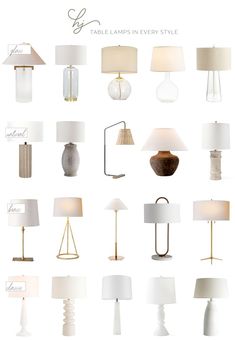 the table lamps in every style are all white and have different shades of beiges