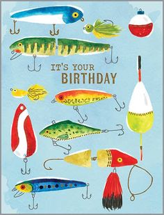 a birthday card with different types of fishing lures