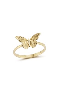 An etched butterfly adds whimsical charm to this dainty ring crafted from gleaming 14-karat gold. 3/8"W x 5/8"L setting 14k gold Made in Turkey Delicate Yellow Gold Butterfly Ring For Anniversary, Gold Butterfly Ring In Fine Jewelry Style, Gold Butterfly Charm Ring, Gold Butterfly Ring With Butterfly Charm, Gold Butterfly Ring With Charm, Fine Jewelry Yellow Gold Butterfly Ring, Gold 14k Butterfly Shaped Ring, Gold Butterfly Ring In 14k Gold Fine Jewelry, Gold 14k Butterfly Ring