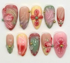 Thank you for stopping by and supporting a small business!💖 🍁 Most of our products are made from highest quality gel X nails with 4-6 layers of coating. It can be reusable and last for more than 14 days, if you take it off right. For instruction, please message me. ⭐ Each set comes with 10 handmade press on nails, a mini file, a mini buffer, a cuticle stick. 🍁 Measurements Please measure your own nail and find your size from our picture guide. We totally can do custom size as your request, just help us to add your nail size in mm or your nail tips number, we will process accordingly without any extra charges. ⭐ Customization All of my nails are hand-painted, so any new ideas and customization are available. We can even create a whole new set together, so please don't hesitate to message Japanese Inspired Nails, Summer Aesthetic Nails, Nail Ideas Prom, Nails Festival, Orchid Nails, Nails Flowers, Press Nails, Nail Appointment, Brittany Murphy