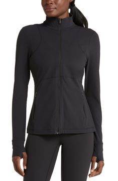 Stretch-enhanced, moisture-wicking fabric amps up the comfortable, sleek fit of this sporty stand-collar jacket you can rock on and off the pickleball court. 24 1/2" length (size Medium) Front zip closure Stand collar Long sleeves with thumbhole cuffs Front zip pockets Four-way-stretch fabric Moisture-wicking fabric engineered for dryness and comfort Partially lined 74% nylon, 26% spandex Machine wash, tumble dry Imported Sporty Breathable Track Jacket For Fall, Casual Fitted Half-zip Track Jacket, Functional Track Jacket With Zipper Closure For Sports, Fitted Functional Track Jacket For Sports, Fall Sports Activewear With Zipper Closure, Black Athleisure Outerwear For Running, Fitted Technical Black Outerwear, Black Stretch Track Jacket For Training, Black Stretch Moisture-wicking Outerwear