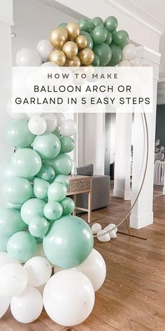 balloon arch with white and green balloons in the middle, how to make balloon arch or garland in 5 easy steps