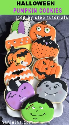 halloween decorated cookies are arranged on a plate with the words, happy halloween pumpkin cookies step by step instructions