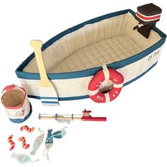 an inflatable boat with toys and accessories