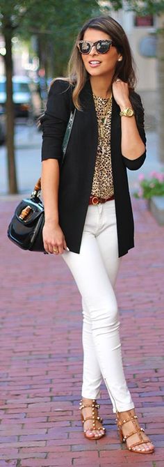 Click to see more stylish outfit ideas How To Wear White Jeans, White Jeans Outfit, Outfit Work, Leopard Blouse, Work Blouses, White Outfit, Animal Print Blouse