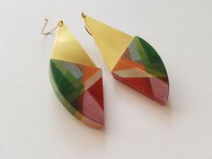 Handmade bridesmaid gift nature jewelry/geometric drop earrings/gold green red wood jewelry/handmade statement dangle earrings/boho earrings Our model VIDA, representing harmony , is from a collection inspired by delightful beauty and color. +Wooden part is hand painted on both sides which makes this wearable object an unique piece made specially for you! +Dimensions: width 2.5 cm, 1 in                           length 6.5 cm, 2.6 in (with hook 7.5 cm) +Hooks are made of 18K gold plated silver. Dangle Earrings Boho, Drop Earrings Gold, Brass Plate, Red Wood, Earrings Inspiration, Paper Jewelry, Wood Jewelry, Geometric Jewelry, Earrings Boho