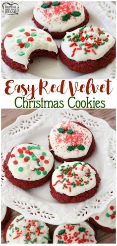 red velvet christmas cookies with white frosting and sprinkles