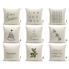 twelve christmas pillows with different sayings on them