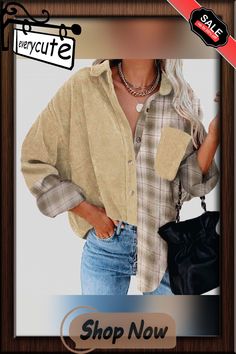 Vintage Ladies New Long Sleeve Plaid Blusa Mujer Women Autumn Harajuku Patchwork Shirt Casual Loose Button Pocket Blouses Shirts Trendy Button-up Patchwork Tops, Trendy Patchwork Button-up Top, Casual Brown Patchwork Blouse, Casual Button-up Patchwork Blouse, Casual Patchwork Button-up Blouse, Casual Button-up Tops With Patchwork, Beige Casual Collar Top For Fall, Long Sleeve Plaid Patchwork Blouse, Beige Long Sleeve Patchwork Blouse