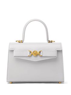 white calf leather Medusa plaque detail logo stamp to the rear gold-tone hardware foldover top with magnetic fastening adjustable detachable shoulder strap single flat top handle main compartment internal slip pocket internal logo stamp metal feet White Versace Bag, White Bag Designer, White Luxury Bag, Visenya Targaryen, Versace Bag, White Handbag, Girly Accessories, Luxury Bag, Super Ideas