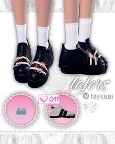 three pairs of black shoes with white socks and pink ribbon on the bottom are shown