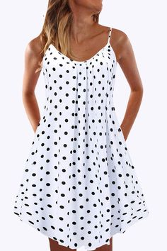 Material Polyester Style Fashion , Street Pattern Type Print Neckline Spaghetti Strap Silhouette Princess Sleeve Length Sleeveless Dresses Length Mini Fit Type Loose Size(in) Bust Waist Hips Dresses Length S 36.2 35.4 71.7 36.6 M 37.8 37 73.2 37 L 39.4 38.6 74.8 37.4 XL 40.9 40.2 76.4 37.8 2XL 42.5 41.7 78 38.2 Tips:Due to the many variations in monitors, the color in the image could look slightly different, please take physical design and color shall prevail.Please allow 0.4"-1" differs due ... Polka Dot Spaghetti Strap Vacation Dress, Polka Dot Sleeveless A-line Dress For Summer, Polka Dot Summer Dress With Spaghetti Straps, Summer Dress With Polka Dot And Spaghetti Straps, Polka Dot Sundress With Spaghetti Straps, Womens Beach Dresses, Beach Party Dress, Dress Weights, Street Dress