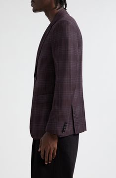 This Italian-crafted sport coat is impeccably tailored from a blend of silk and superfine merino wool sourced from the label's proprietary Australian farm. Front button closure Notched lapels Chest welt pocket; front flap pockets Partially lined 95% wool, 5% silk Dry clean Made in Italy Designer Clothing Purple Long Sleeve Suit For Fall, Purple Long Sleeve Suits For Fall, Fitted Purple Business Outerwear, Fitted Purple Outerwear For Business, Purple Single Breasted Outerwear For Business, Purple Single-breasted Outerwear For Business, Purple Single Breasted Blazer For Tailoring, Elegant Purple Wool Outerwear, Classic Purple Blazer For Business