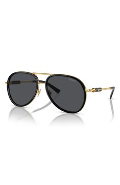 A polished pilot silhouette enhances the ultracool vibe of these Italian-made sunglasses styled with UV-protective lenses. 60mm lens width; 16mm bridge width; 140mm temple length 100% UV protection Adjustable nonslip nose pads Steel Made in Italy Designer Black Aviator Sunglasses With Uv Protection, Luxury Anti-reflective Aviator Sunglasses For Summer, Gold Aviator Sunglasses With Anti-reflective Coating, Cheap Gold Aviator Sunglasses With Anti-reflective Details, Gold Aviator Sunglasses With Anti-reflective Coating For Outdoor, Pilot Sunglasses, Fashion Sunglasses, Uv Protection, Versace