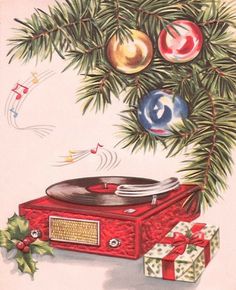 a christmas card with an old fashioned record player