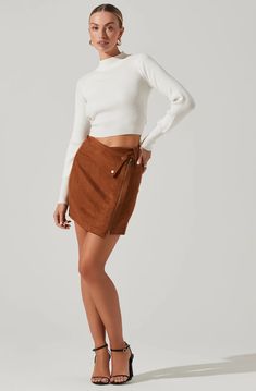 Faux Suede Mini Skirt – ASTR The Label Camel Mini Skirt, Faux Suede Skirt, Suede Mini Skirt, Astr The Label, Suede Skirt, Mock Neck Sweater, Sweater Knit, Fall Wardrobe, Tie Backs