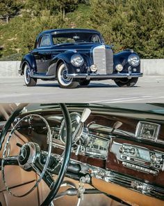 an old car is parked on the side of the road next to another classic car