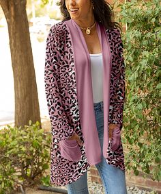 Pink Leopard Pocket Open Cardigan - Women & Plus. Ward off chills with this cozy open cardigan that features side pockets and a generous length.    Note: Due to the manner in which fabric is cut, pattern layouts may vary.   Size M: 35'' long from high point of shoulder to hemSize 1X: 36.5'' long from high point of shoulder to hemKnit95% polyester / 5% spandexMachine wash; hang dryImported Sewing Material, Cardigan Women, Pink Leopard, Open Cardigan, High Point, Cardigans For Women, Vest Jacket, Kimono Top, Cardigans