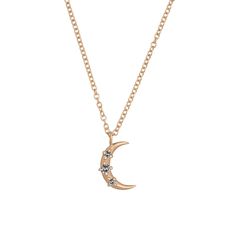 Illuminate your inner goddess with the Hecate Necklace. This dainty modern crescent moon necklace is adorned with three stunning diamonds, creating a celestial sparkle. Symbolizing femininity and the cycles of life, this necklace pays homage to the powerful goddess of night, light, magic, and protection from witchcraft - the Moon itself. With its delicate design and timeless charm, the Hecate Necklace is a perfect accessory for any occasion, adding a touch of enchantment to your look. Charm is 9mm tall by 5mm wide. Total diamond carat weight is .075 Cts. Crescent Necklace With Diamond Accents As A Gift, Crescent Necklace With Diamond Accents For Gift, Protection From Witchcraft, Moon Shaped Diamond Accent Necklace For Gift, Celestial Crescent Necklace With Delicate Chain, Moon Shaped Necklace With Diamond Accents For Gifts, Diamond Half Moon Phase Necklace, Celestial Rose Gold Necklace With Moon Phase, Celestial Crescent Moon Phase Necklace