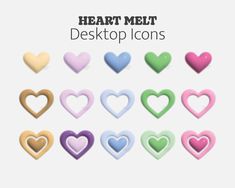 hearts are arranged in different colors on a white background with the words heart melt desktop icons