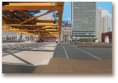 an empty street in front of some tall buildings with lots of yellow beams on it