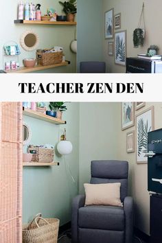 two pictures with the words teacheren den in black and white, one has a blue chair