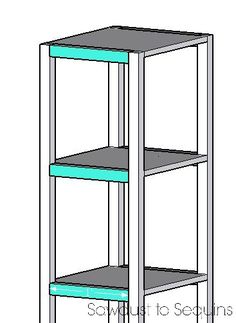 a drawing of a three tiered shelf with blue trim on the bottom and bottom shelves