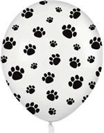 a white balloon with black paw prints on it